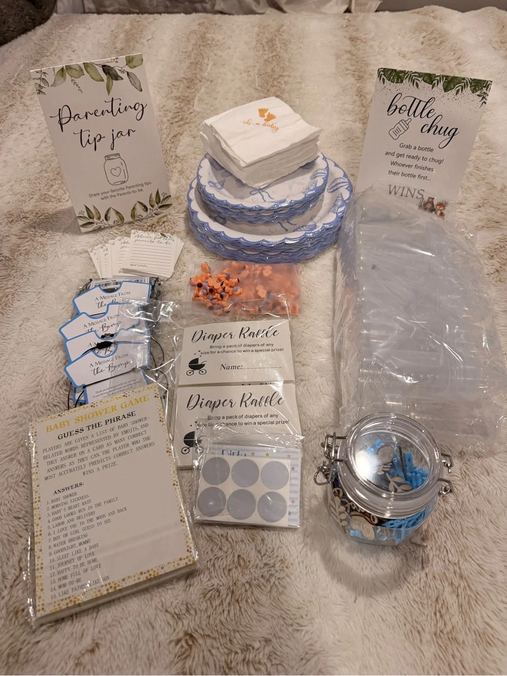 Baby Shower Games & Party Supply Bundle Blue Boy Theme Plates Napkins Bottle Ch